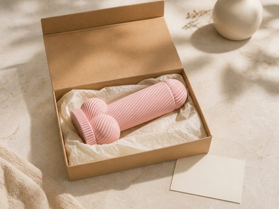 La Lampe Monsieur couchée dans un carton d'expédition, calée dans du papier de soie crème, une carte vierge posée à côté