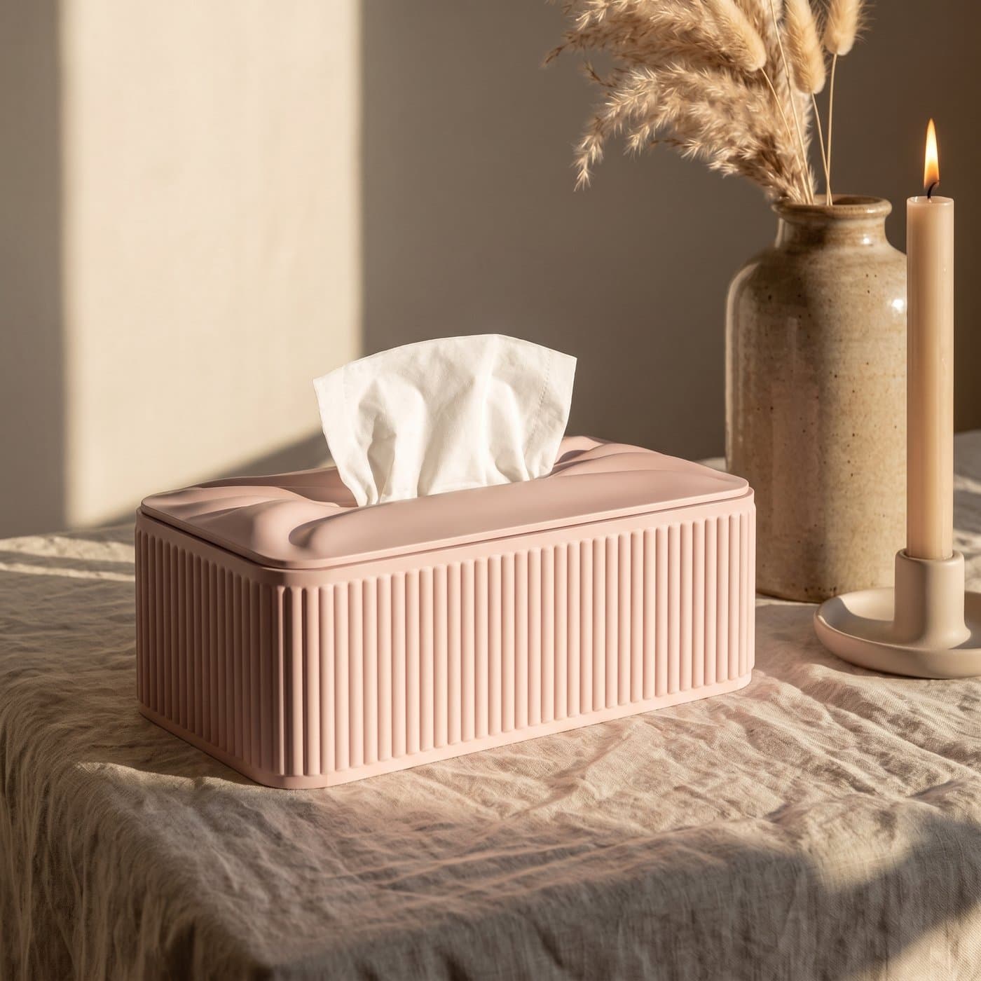 Boîte à mouchoirs Après by OSER rose, socle cannelé, sur une table de chevet en lin, pampa séchée et bougie allumée