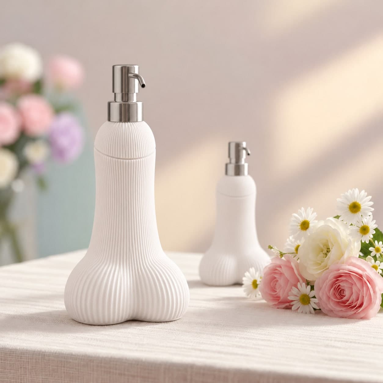 Deux distributeurs de savon Semence blancs entourés de fleurs, pompe en acier inoxydable