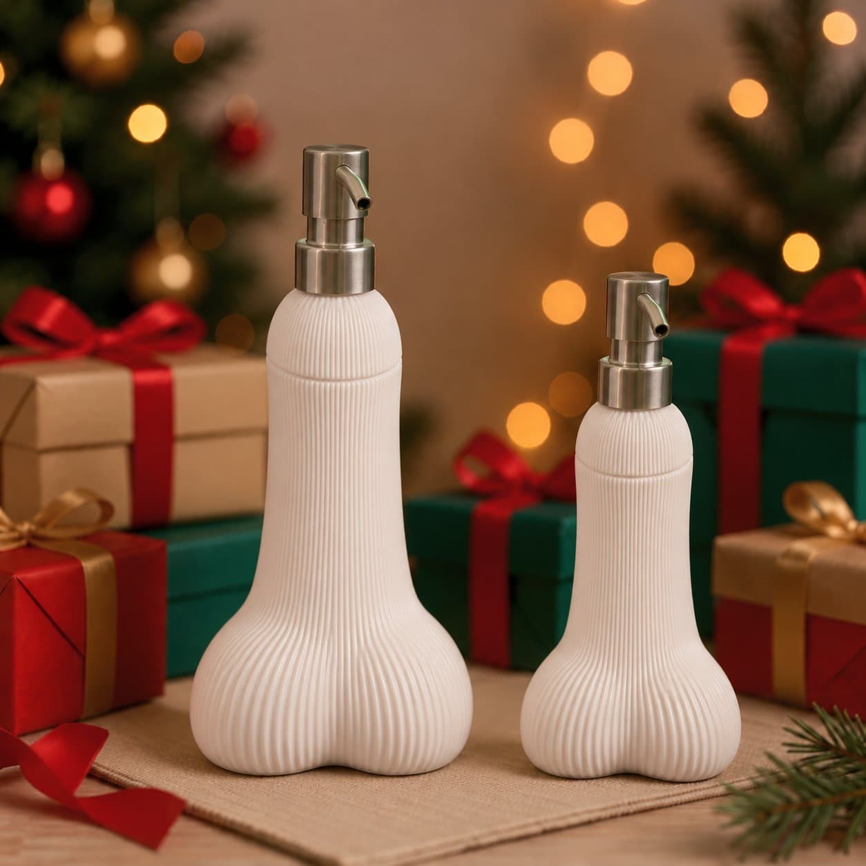 Deux distributeurs de savon Semence blancs au pied du sapin de Noël, pompe inox