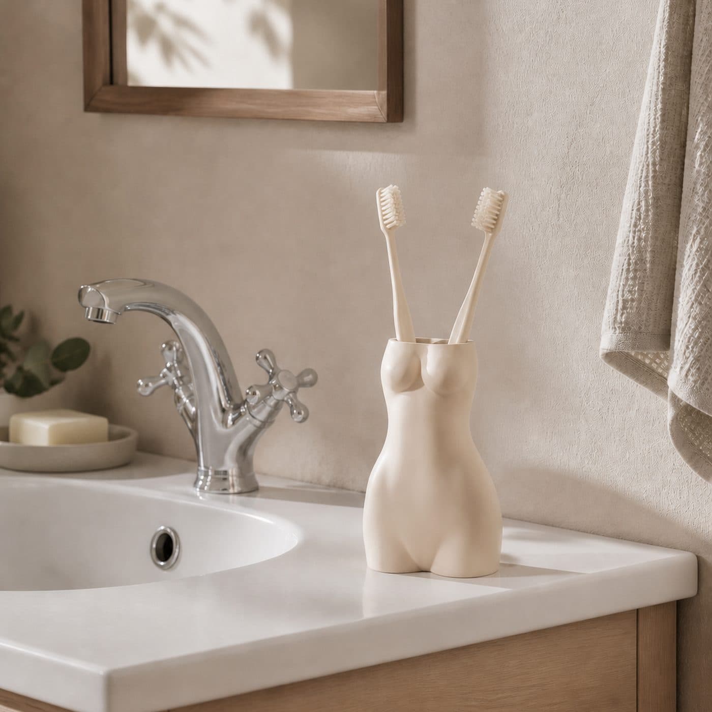 Porte-brosse à dents original La Favorite blanc sur une vasque blanche, meuble en chêne et miroir en bois