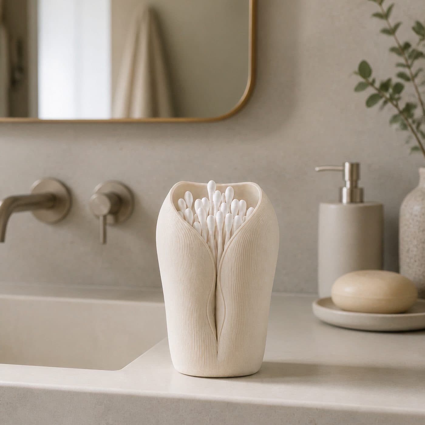 Porte coton-tiges design L'Innocente blanc sur un plan de salle de bain en pierre claire, miroir en laiton et eucalyptus