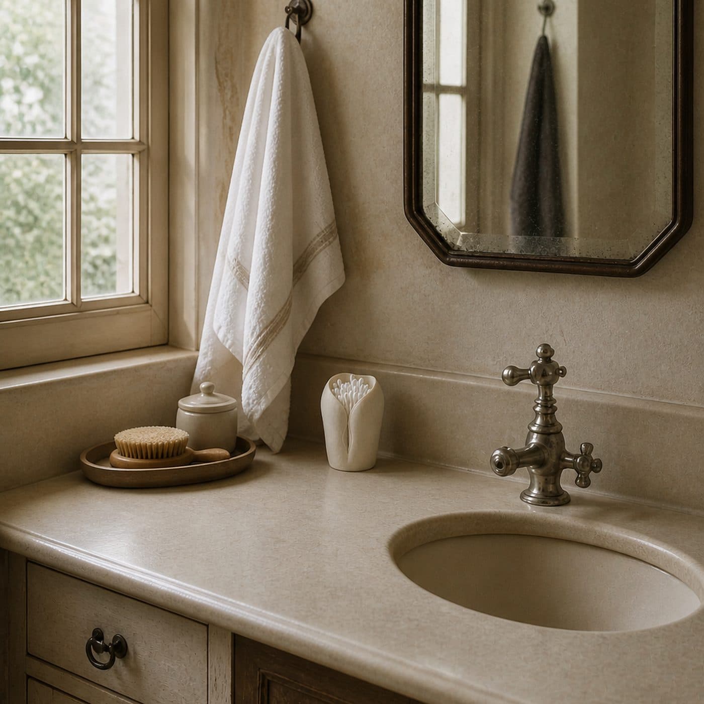 Boîte à coton-tiges L'Innocente blanche sur un plan de toilette de campagne, serviette et miroir ancien