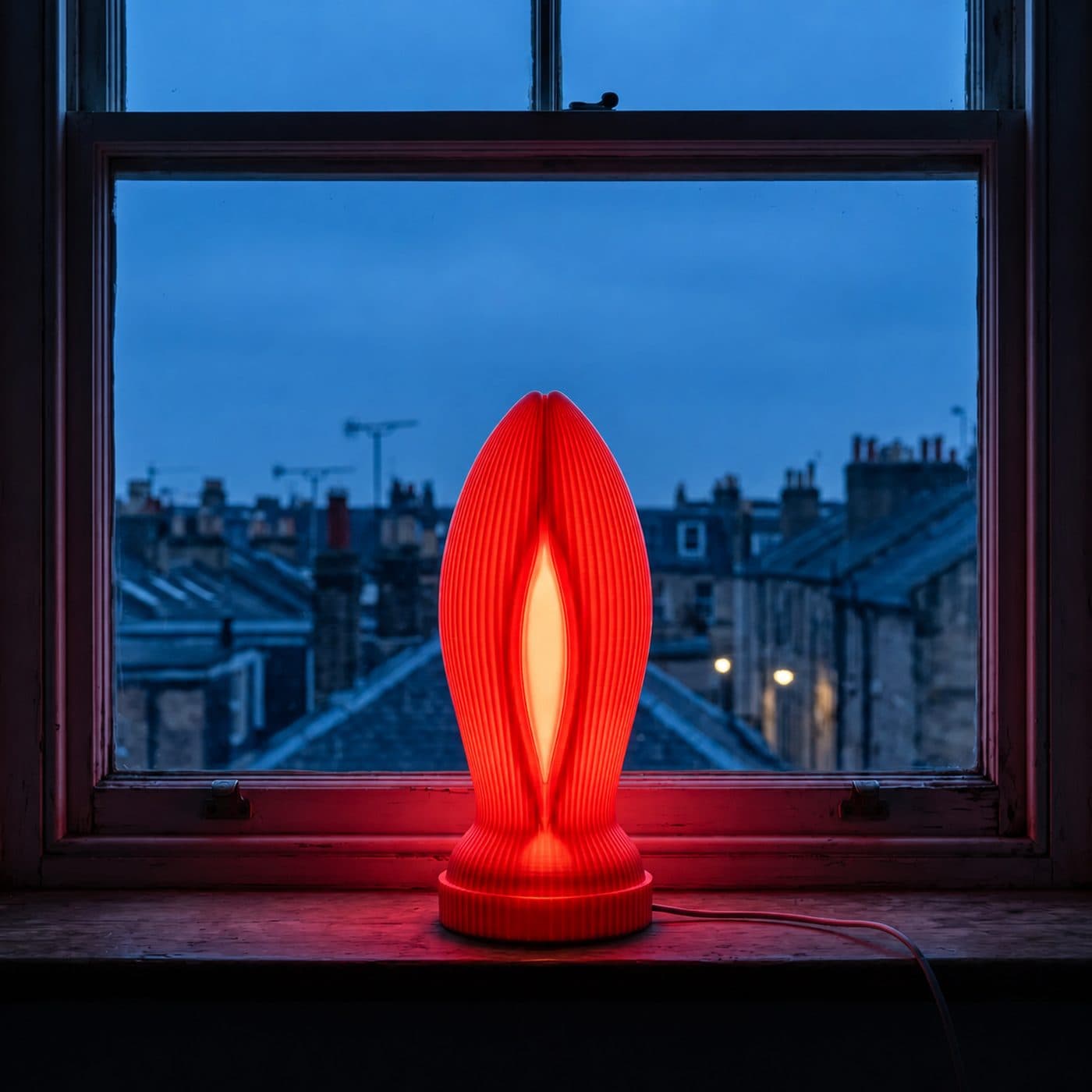 Lampe Madame by OSER allumée à la fenêtre à l'heure bleue, la matière virant au rouge, toits de la ville derrière