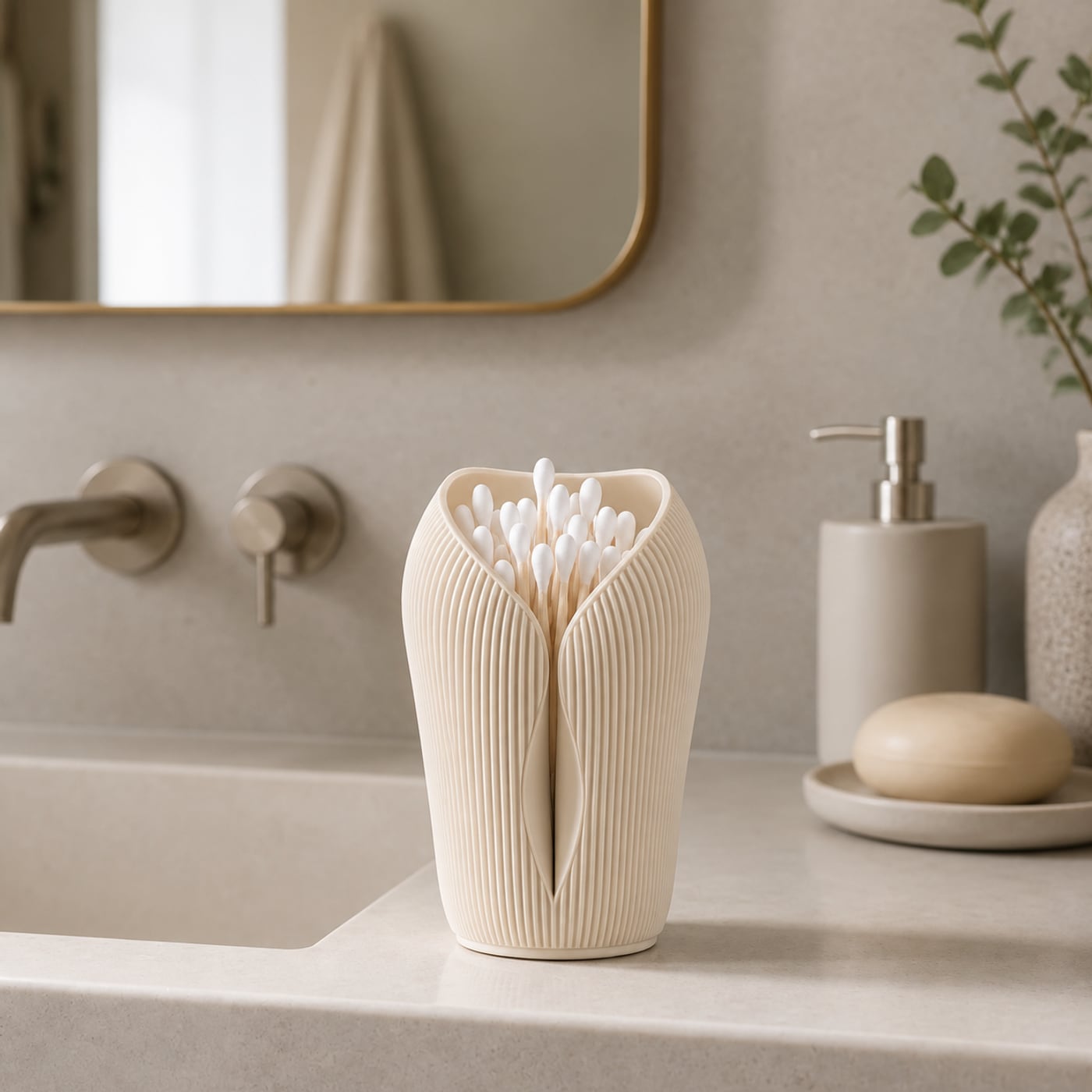 Porte coton-tiges design L'Innocente blanc sur un plan de salle de bain en pierre claire, miroir en laiton et eucalyptus