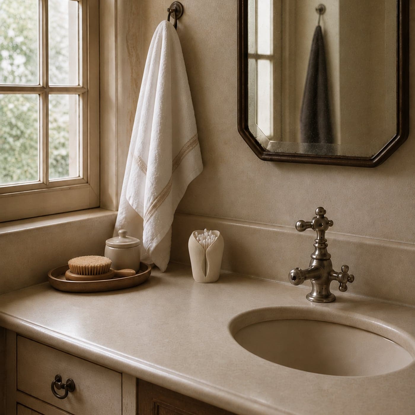Boîte à coton-tiges L'Innocente blanche sur un plan de toilette de campagne, serviette et miroir ancien