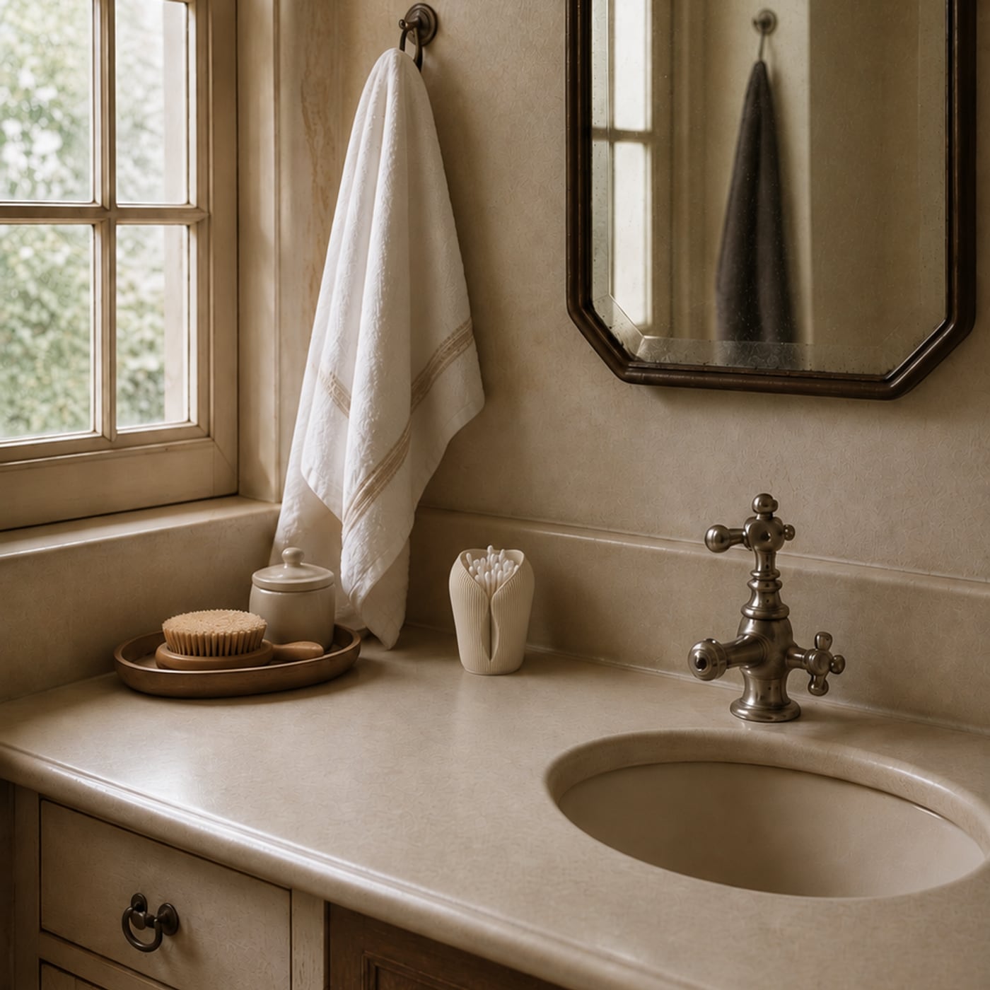 Boîte à coton-tiges L'Innocente blanche sur un plan de toilette de campagne, serviette et miroir ancien