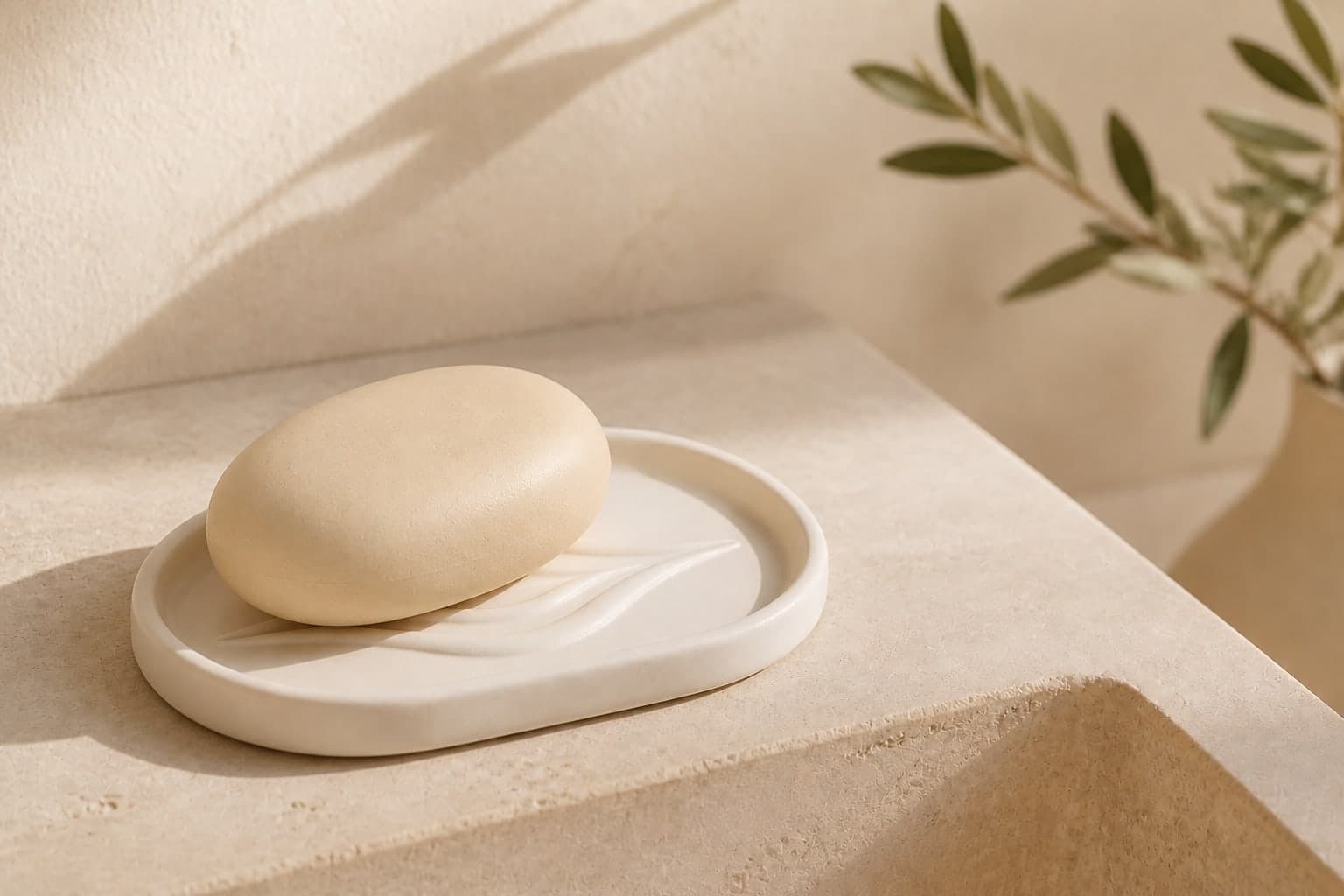 Porte-savon L'Amande by OSER beige foncé sur un plan en travertin, savon solide posé dessus et branche d'olivier