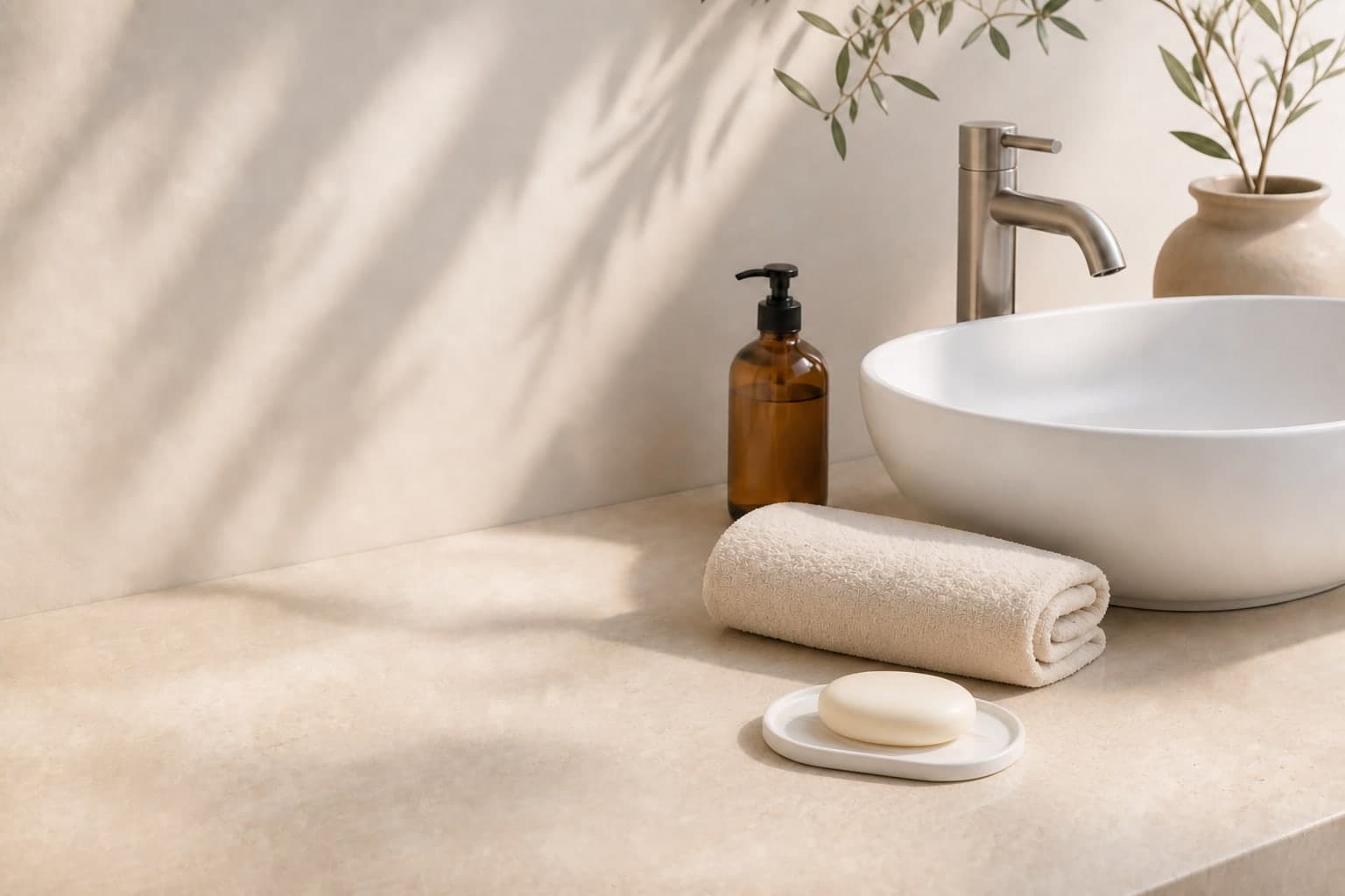 Porte-savon original L'Amande beige foncé sur un plan de salle de bain, serviette roulée et flacon ambré
