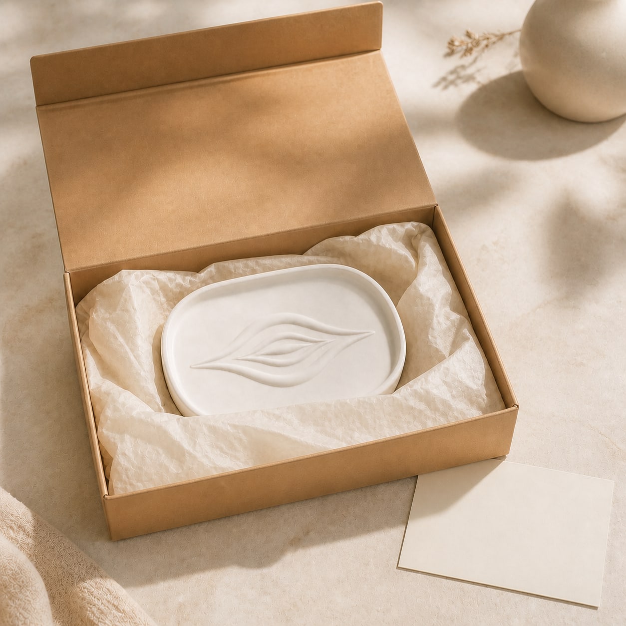 Porte-savon L'Amande by OSER beige foncé dans son coffret kraft, le motif en relief visible sur le plateau