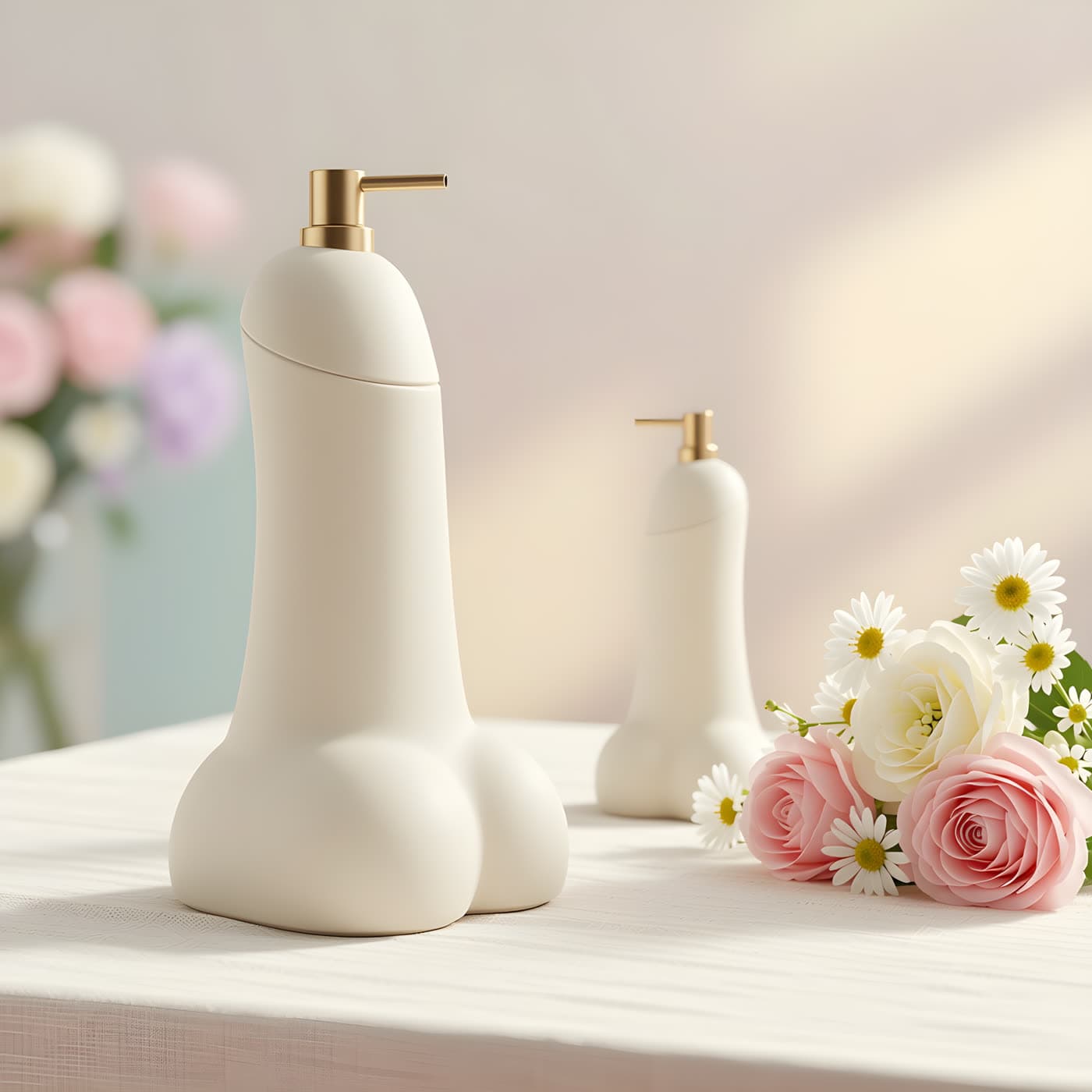 Semence by OSER — distributeur de savon original crème à pompe dorée, posé près de fleurs