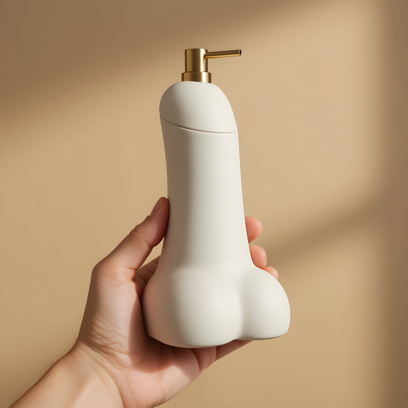 Distributeur de savon insolite Semence tenu en main, échelle réelle