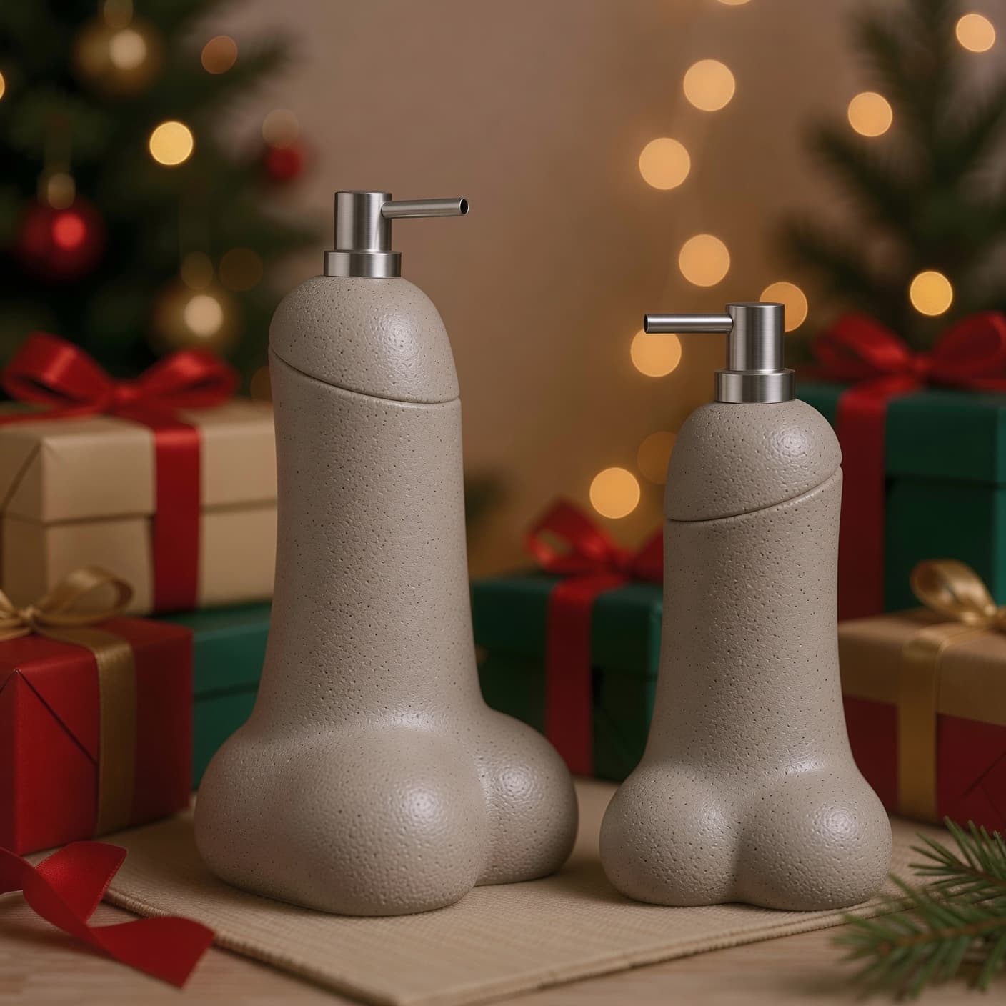 Distributeur de savon Semence by OSER beige foncé, deux tailles au pied du sapin de Noël