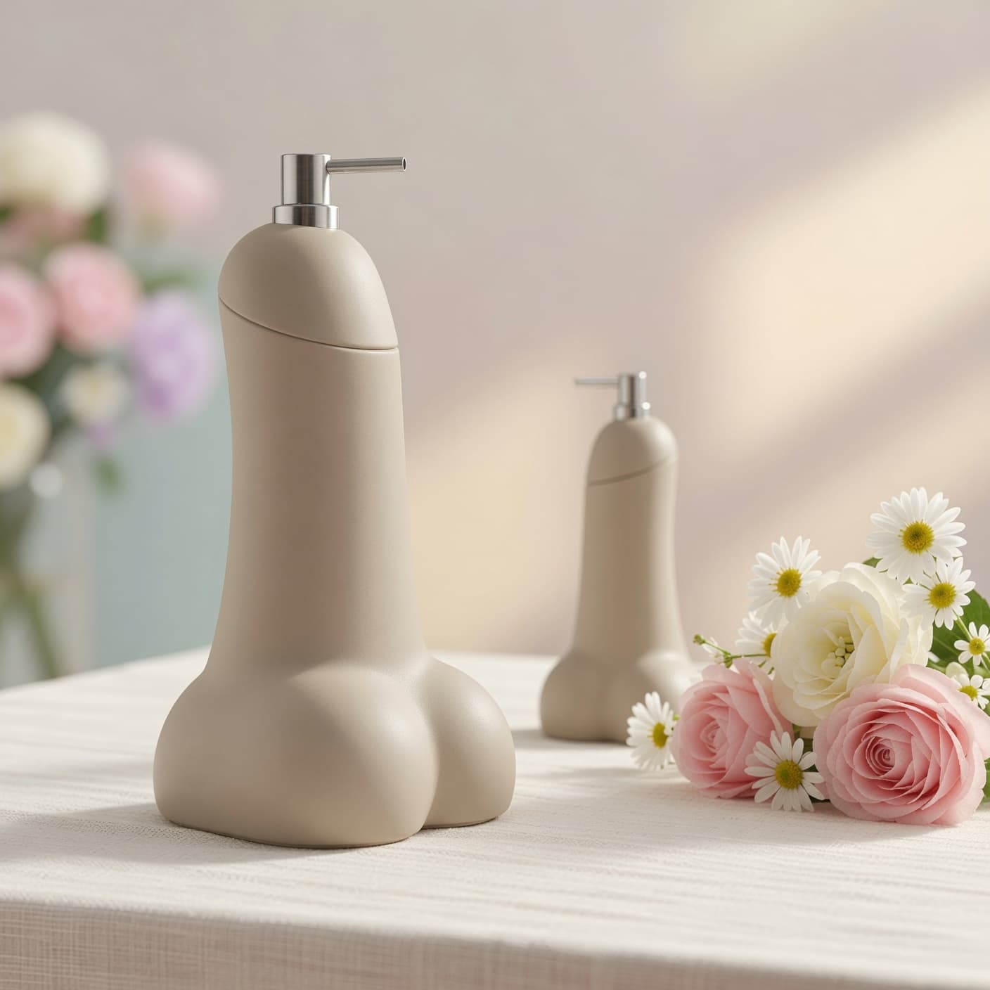 Semence by OSER beige foncé — distributeur de savon original, deux tailles entourées de fleurs