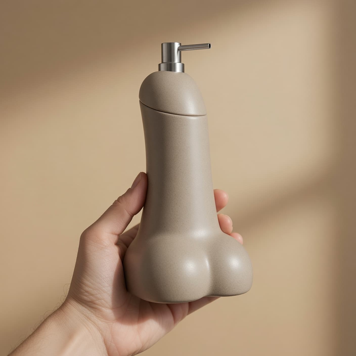 Distributeur de savon insolite Semence beige foncé tenu en main, échelle réelle
