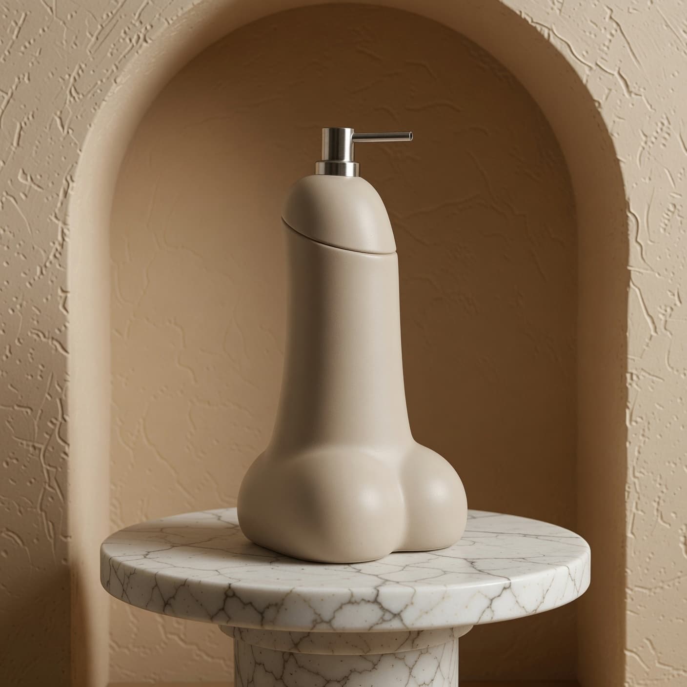 Distributeur de savon design Semence beige foncé dans une niche en arche, plateau en marbre
