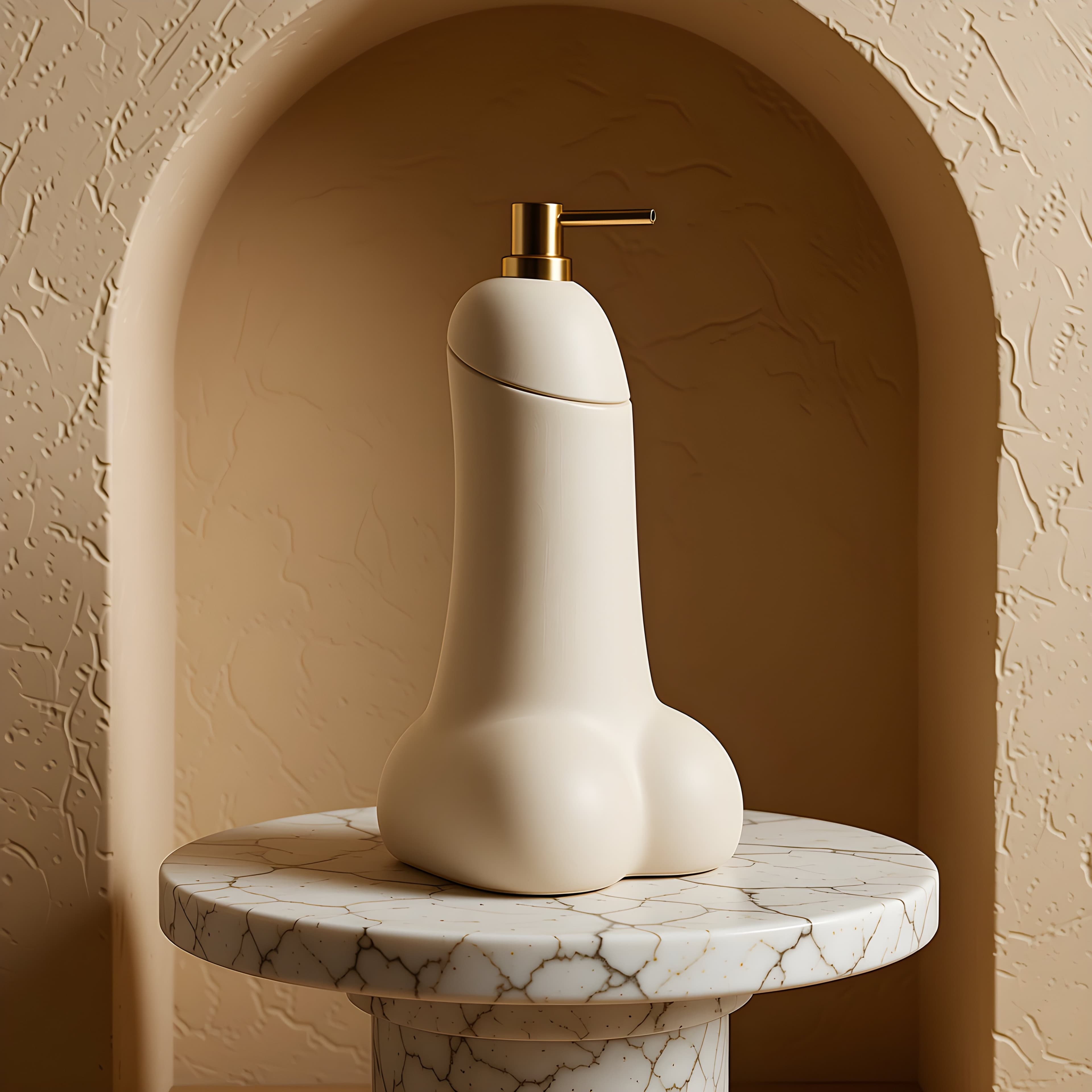 Distributeur de savon design Semence blanc dans une niche en arche, plateau en marbre