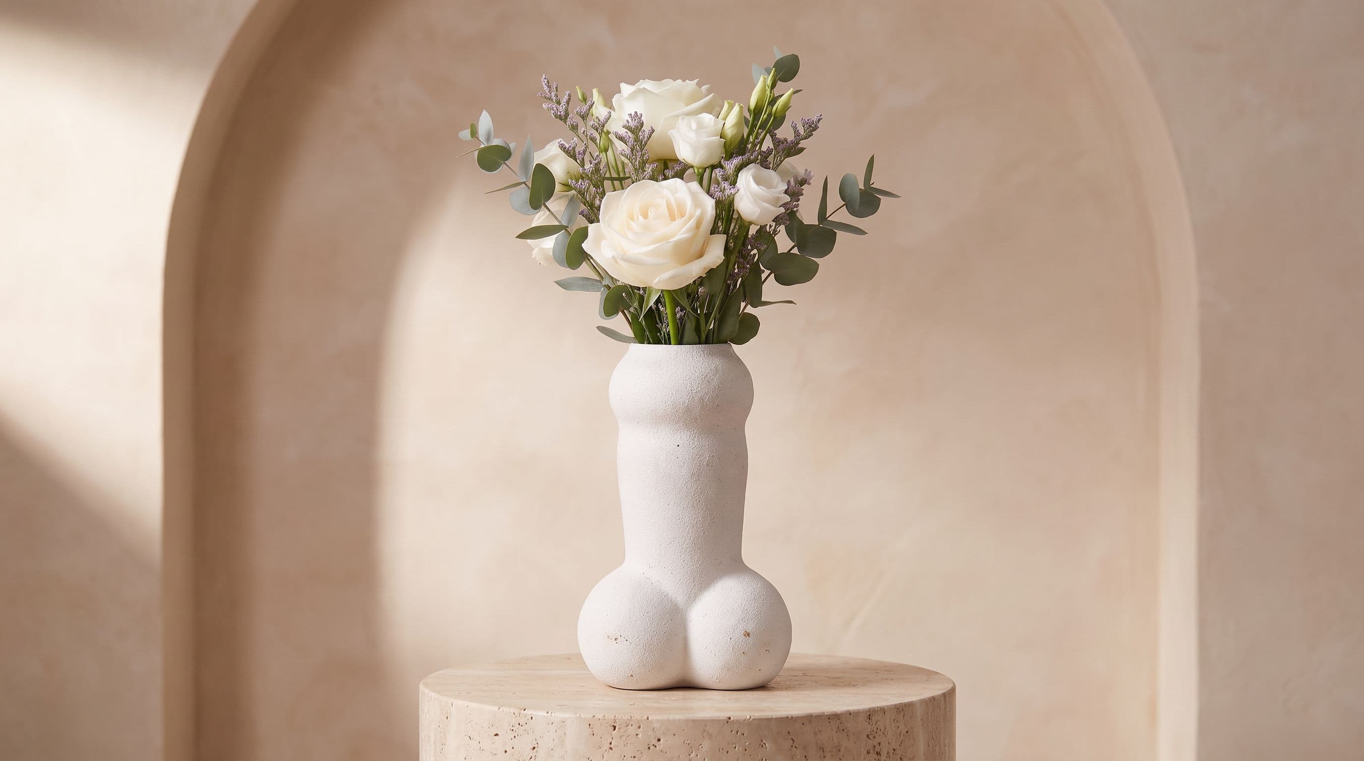 Vase Flora by OSER blanc os, bouquet de roses blanches et eucalyptus, dans une niche en arche