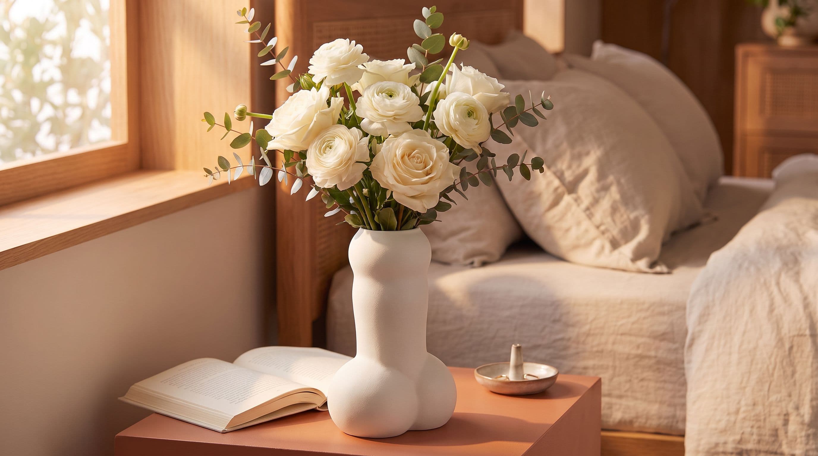 Vase original Vase Flora sur une table de chevet, roses blanches et eucalyptus, lumière du matin